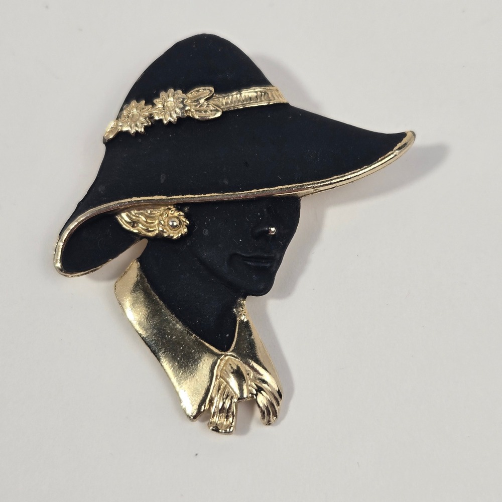Vintage Lady in Hat Brooch Gold Tone Matte Black Silhouette Figural Pin